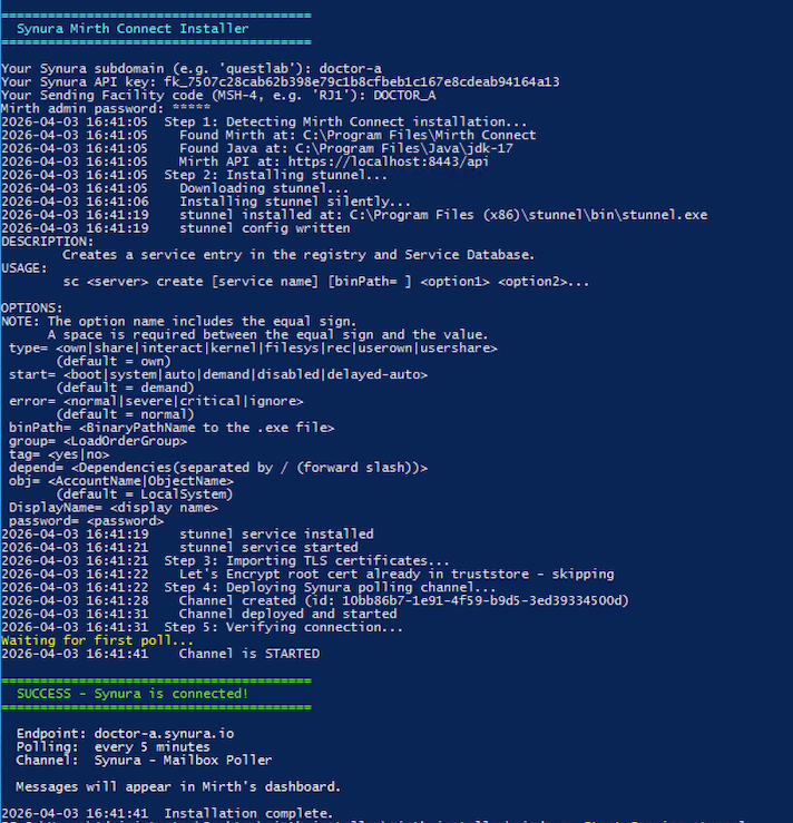 Installer output showing SUCCESS