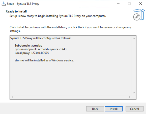 Installer ready page showing configuration summary