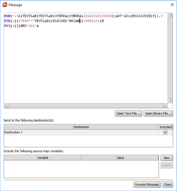 Mirth Send Message dialog