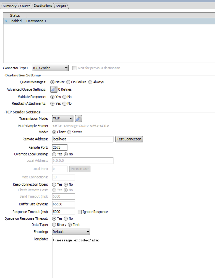 Mirth TCP Sender configured with localhost:2575